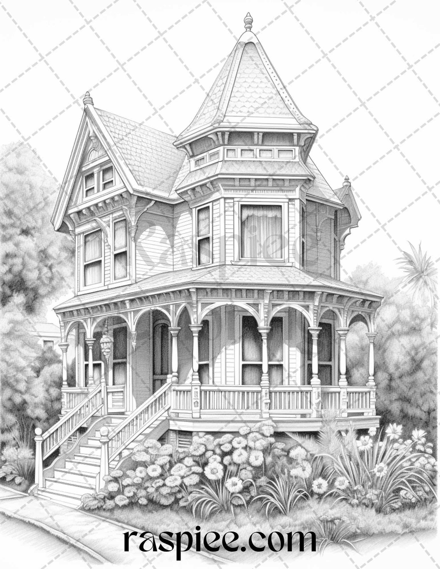 40 Victorian Houses Grayscale Coloring Pages Printable for Adults, PDF File Instant Download