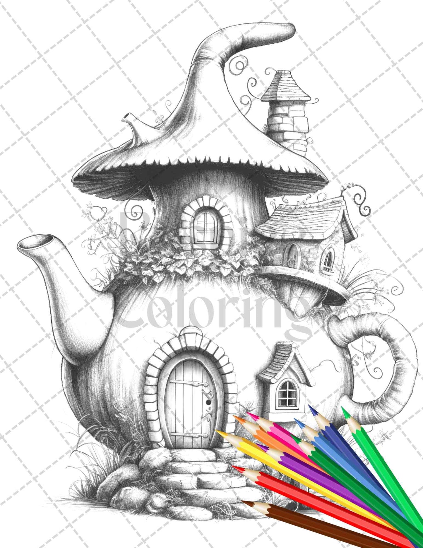 40 Teapot Fairy Houses Grayscale Coloring Pages Printable for Adults, PDF File Instant Download