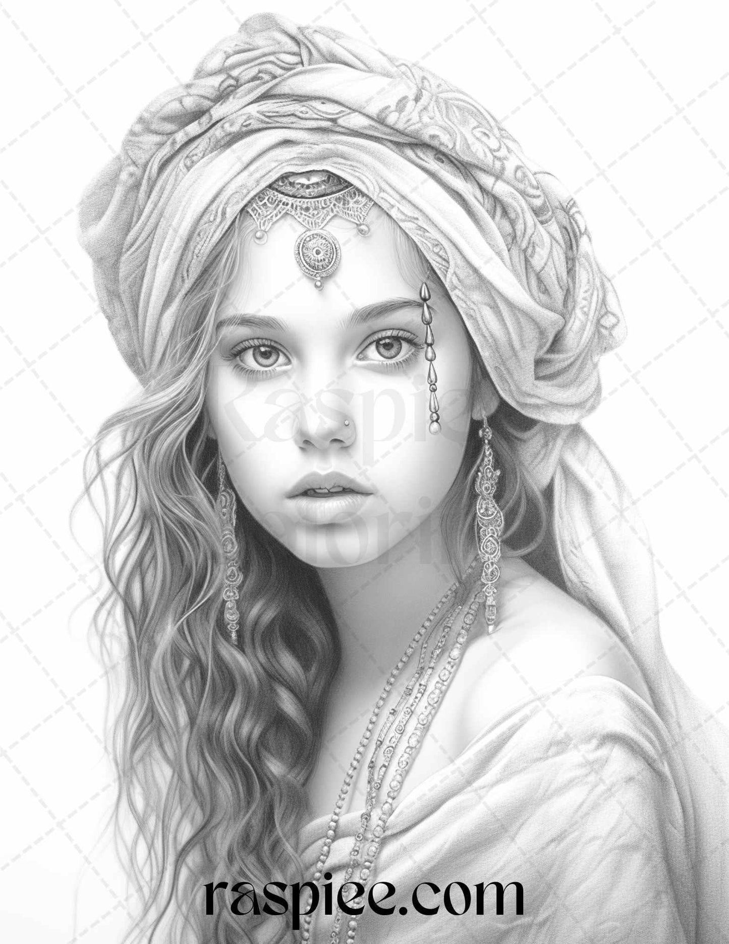 40 Beautiful Gypsy Girls Grayscale Coloring Pages Printable for Adults, PDF File Instant Download