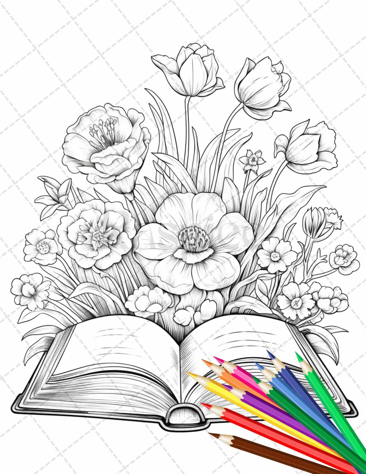 31 Book Flowers Coloring Pages Printable for Adults, Grayscale Coloring Page, PDF File Instant Download