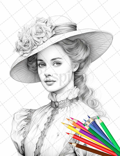 43 Beautiful Victorian Women Grayscale Coloring Pages Printable for Adults, PDF File Instant Download