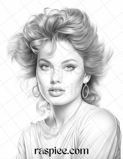 1980s Retro Beautiful Women Grayscale Coloring Pages for Adults, PDF File Instant Download