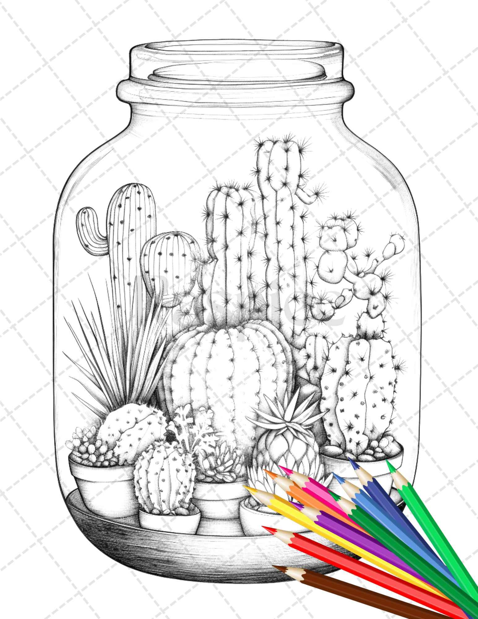 34 Enchanted Terrarium Grayscale Coloring Pages Printable for Adults, PDF File Instant Download