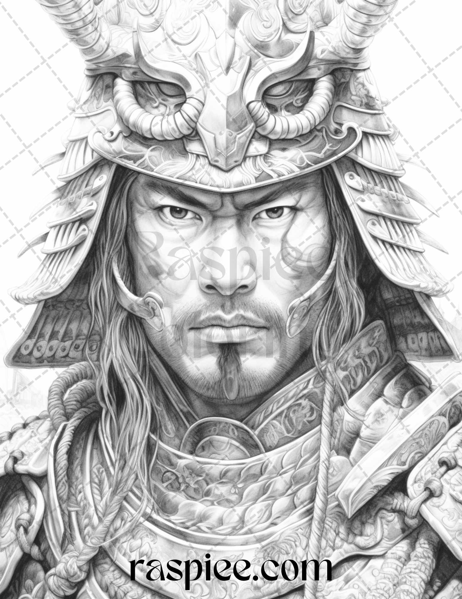 42 Japanese Samurai Grayscale Coloring Pages for Adults, Printable PDF File Instant Download