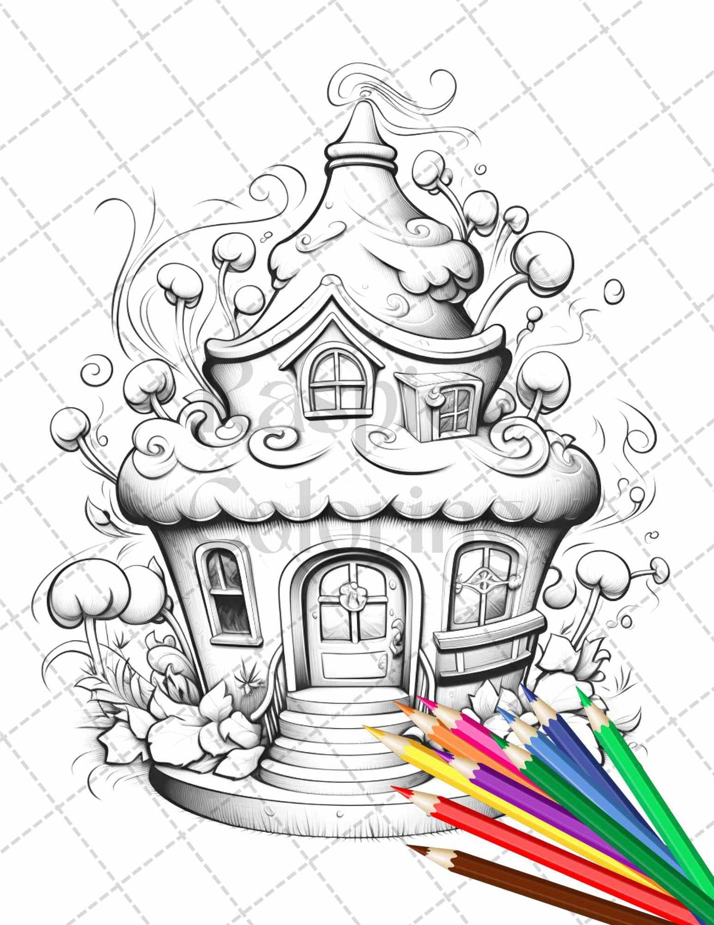 50 Adorable Cake Houses Grayscale Coloring Pages Printable for Adults and Kids, PDF File Instant Download