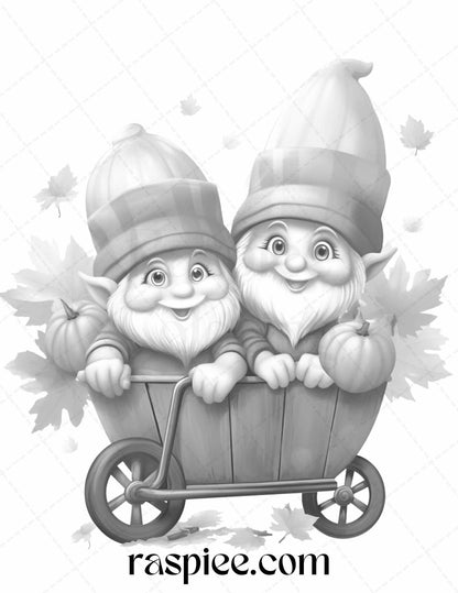 40 Fall Gnomes Grayscale Coloring Pages Printable for Adults Kids, PDF File Instant Download