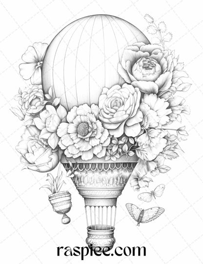 42 Flower Hot Air Balloons Grayscale Coloring Pages Printable for Adults, PDF File Instant Download