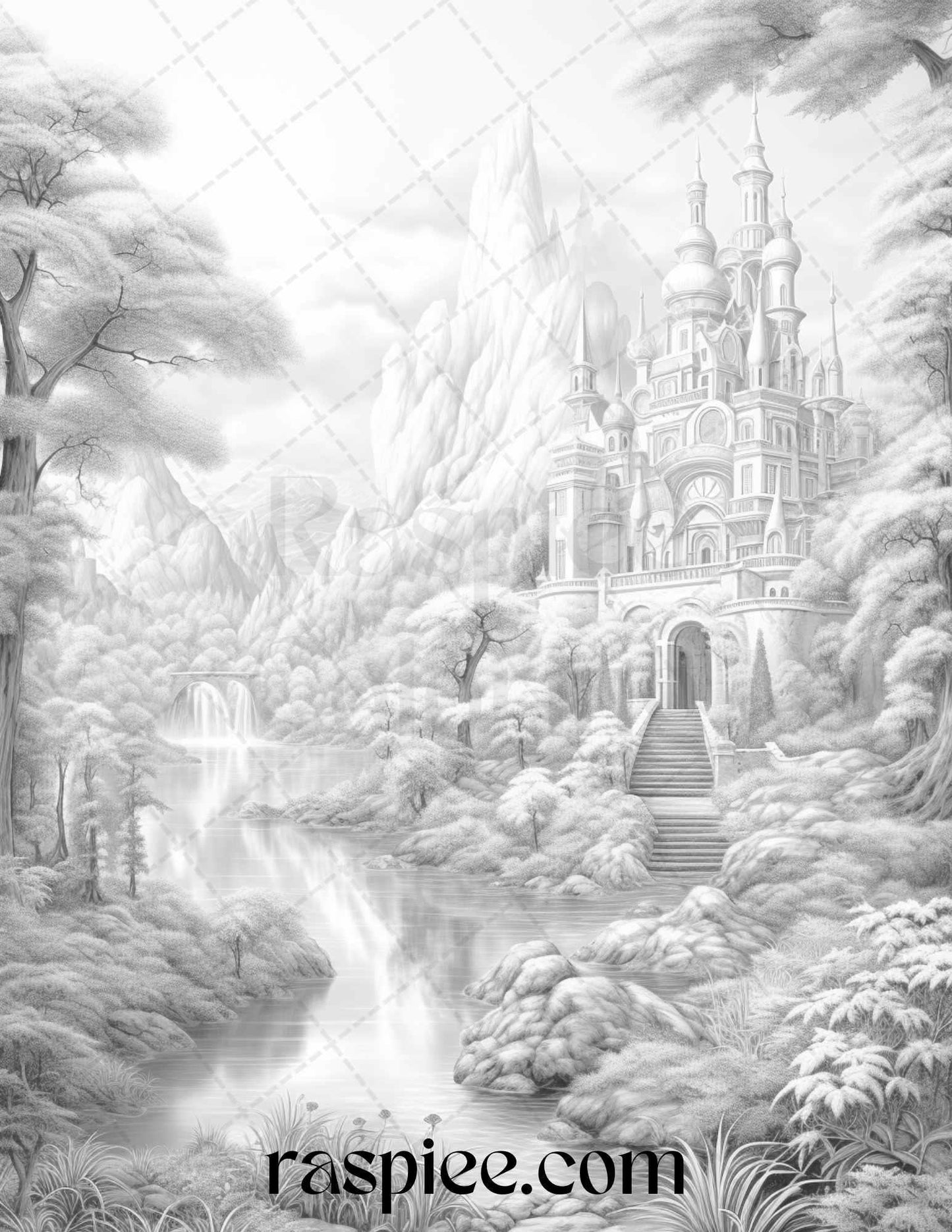 40 Fantasy Landscapes Grayscale Coloring Pages Printable for Adults, PDF File Instant Download