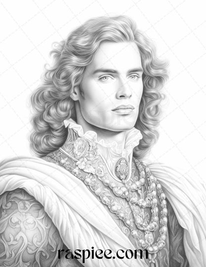 50 Baroque Man Portrait Grayscale Graysale Coloring Pages Printable for Adults, PDF File Instant Download