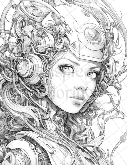 40 Beautiful Cyborg Girls Grayscale Coloring Pages Printable for Adults, PDF File Instant Download