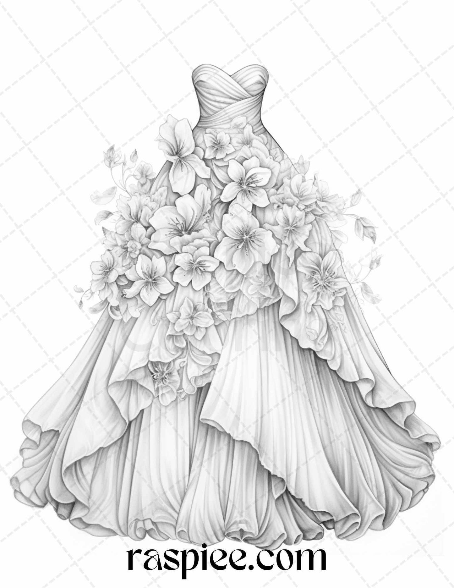 40 Elegant Floral Wedding Dresses Grayscale Coloring Pages Printable for Adults, PDF File Instant Download