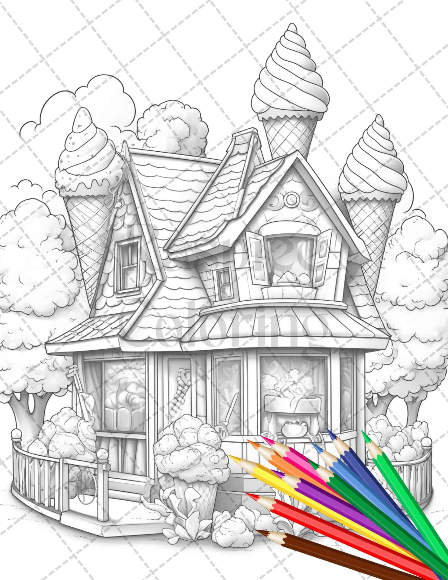 33 Ice Cream Houses Grayscale Coloring Pages Printable for Adults and Kids, PDF File Instant Download