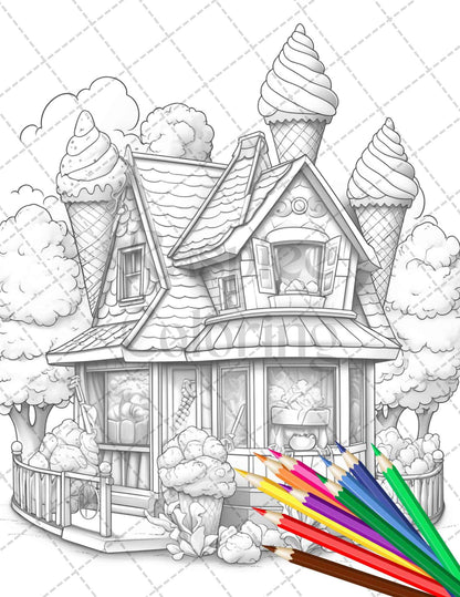 33 Ice Cream Houses Grayscale Coloring Pages Printable for Adults and Kids, PDF File Instant Download