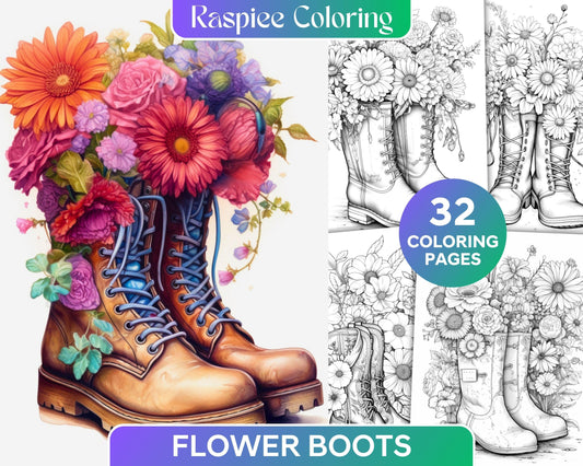 32 Flower Boots Coloring Pages Printable for Adults, Floral Grayscale Coloring Page, PDF File Instant Download