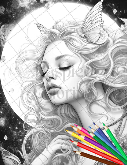 34 Beautiful Moon Fairies Grayscale Coloring Pages Printable for Adults, PDF File Instant Download