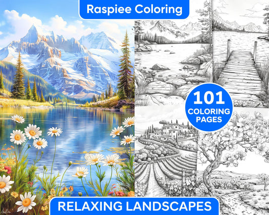 101 Relaxing Landscapes Grayscale Adult Coloring Pages Printable PDF Instant Download