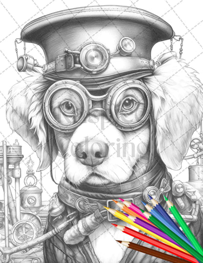 45 Steampunk Animals Grayscale Coloring Pages Printable for Adults Vol. 2, PDF File Instant Download