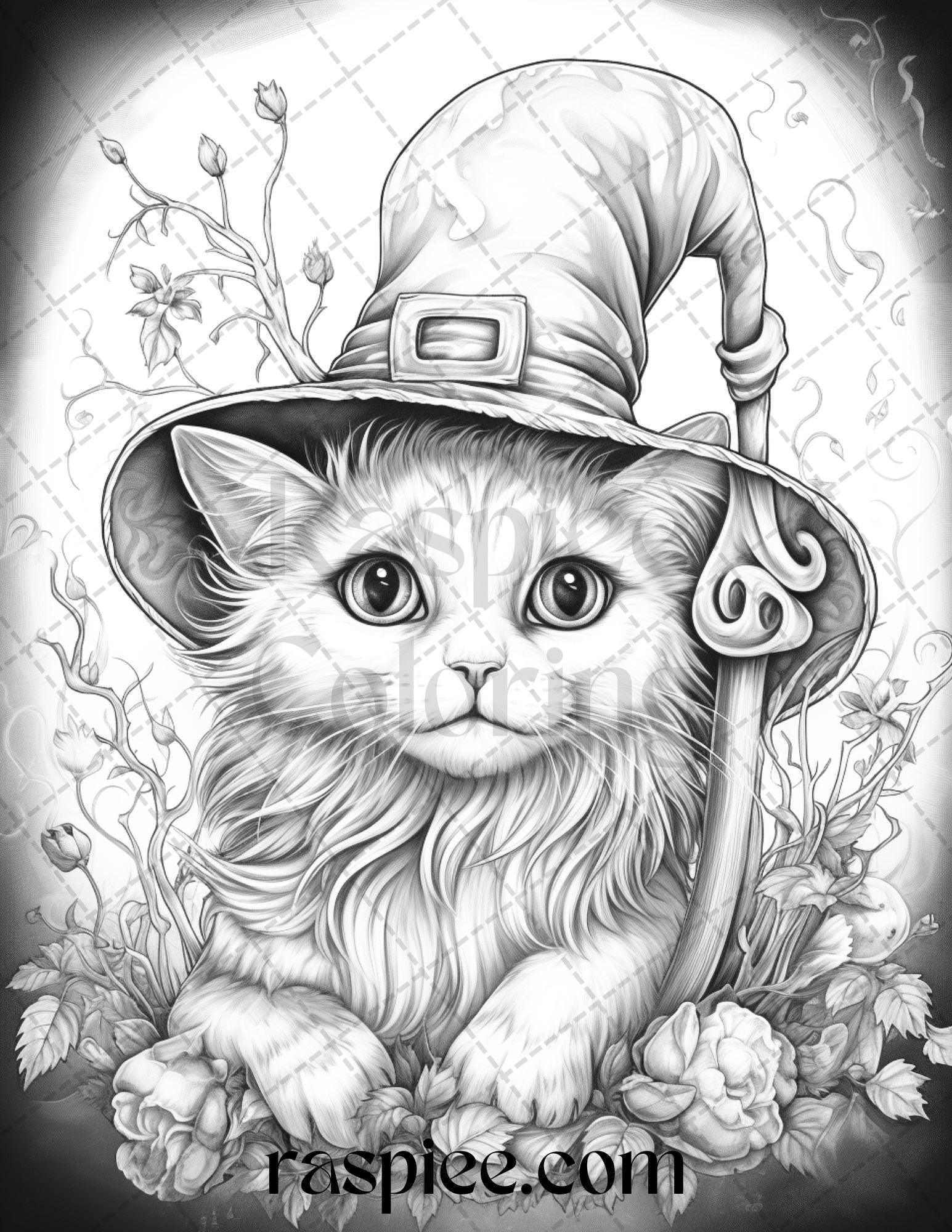 40 Halloween Witch Cat Grayscale Coloring Pages Printable for Adults, PDF File Instant Download