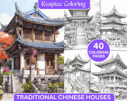 40 Traditional Chinese Houses Grayscale Coloring Pages Printable for Adults, PDF File Instant Download