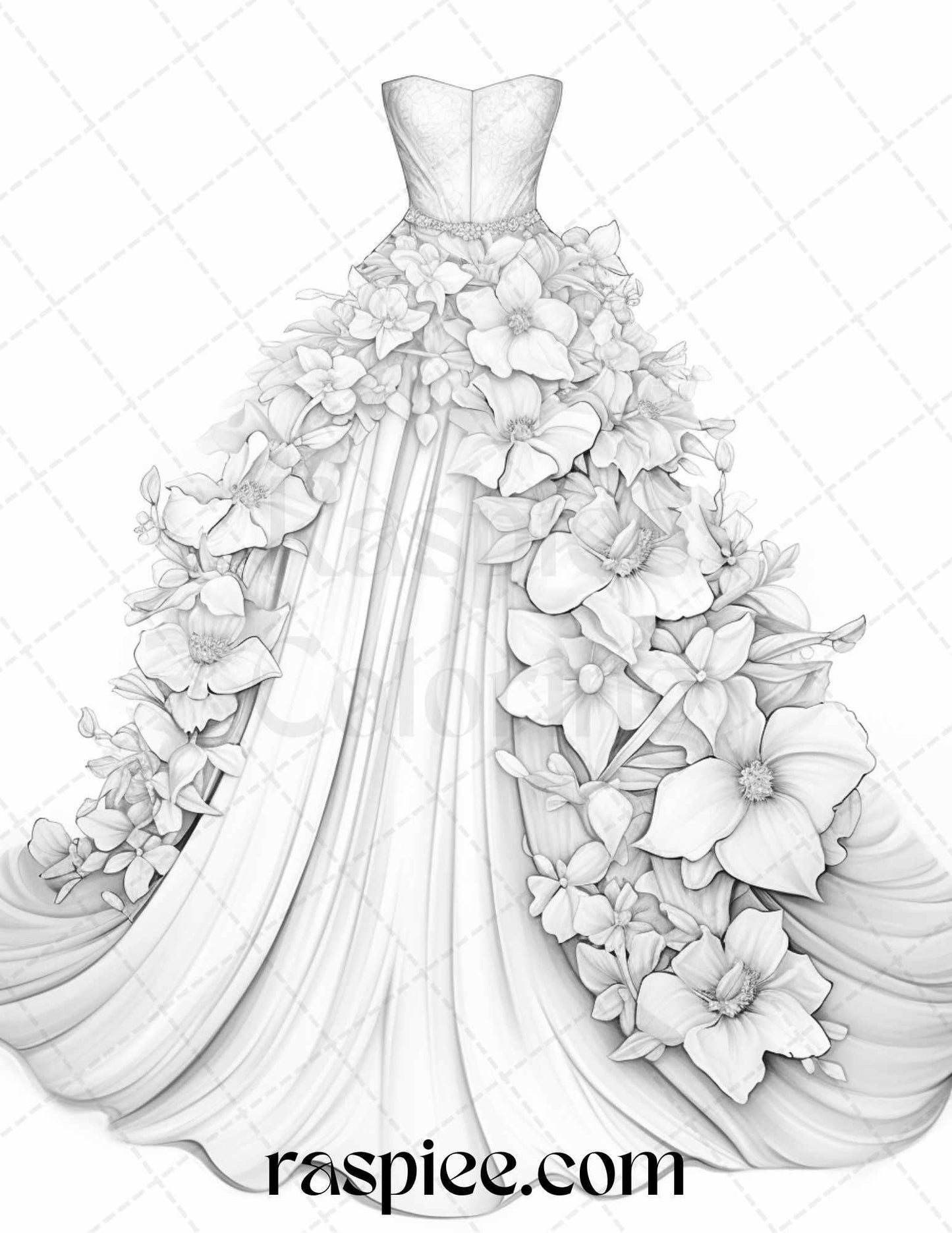 40 Elegant Floral Wedding Dresses Grayscale Coloring Pages Printable for Adults, PDF File Instant Download