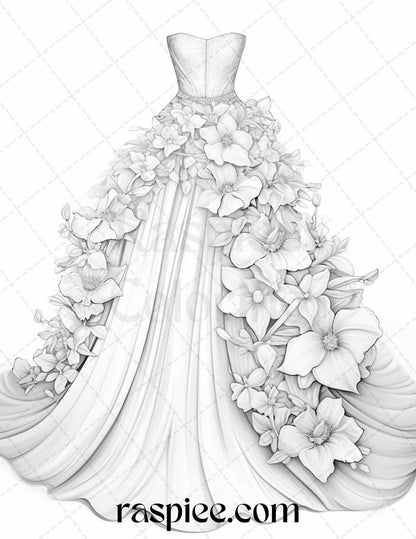 40 Elegant Floral Wedding Dresses Grayscale Coloring Pages Printable for Adults, PDF File Instant Download