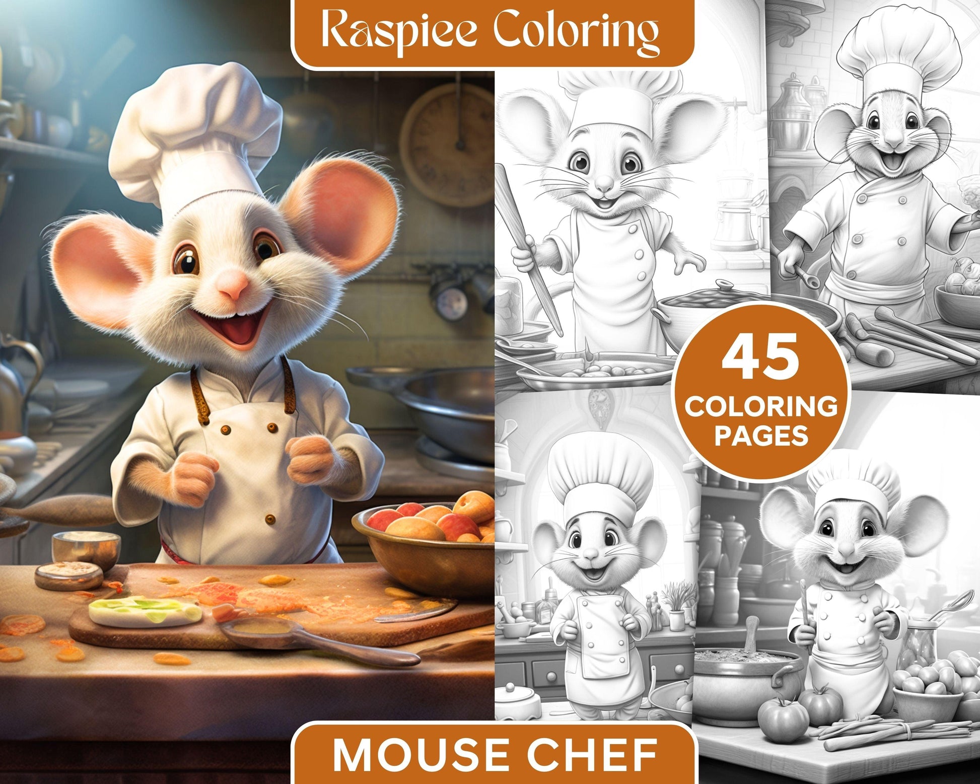 45 Mouse Chef Grayscale Coloring Pages Printable for Adults, PDF File Instant Download