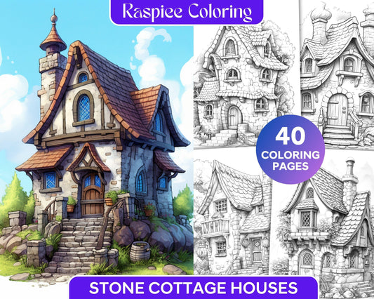 40 Stone Cottage Houses Grayscale Coloring Pages Printable for Adults, PDF File Instant Download