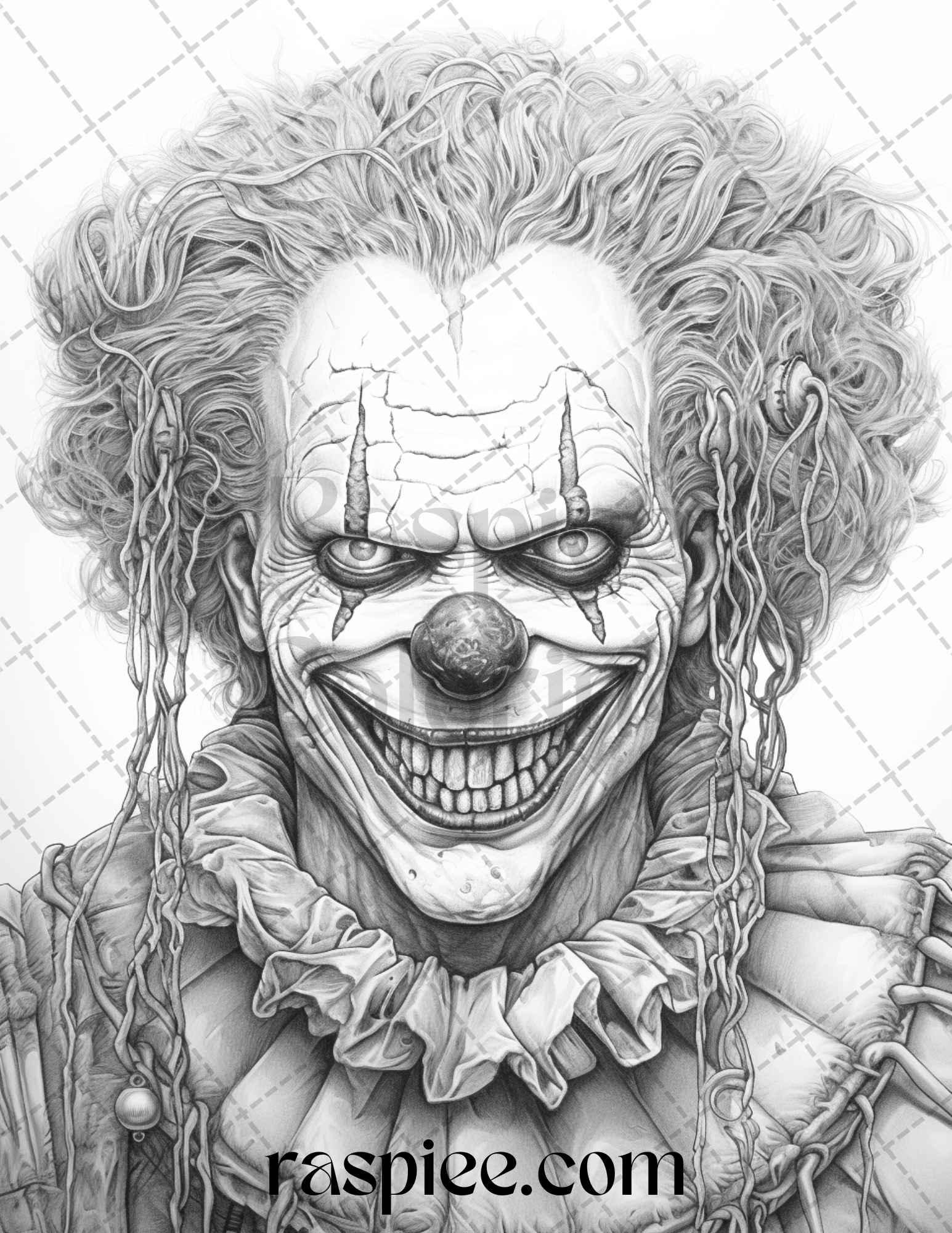 40 Spooky Clowns Grayscale Coloring Pages Printable for Adults, PDF File Instant Download