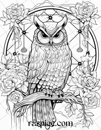 40 Floral Owl Grayscale Printable Coloring Pages for Adults, PDF File Instant Download