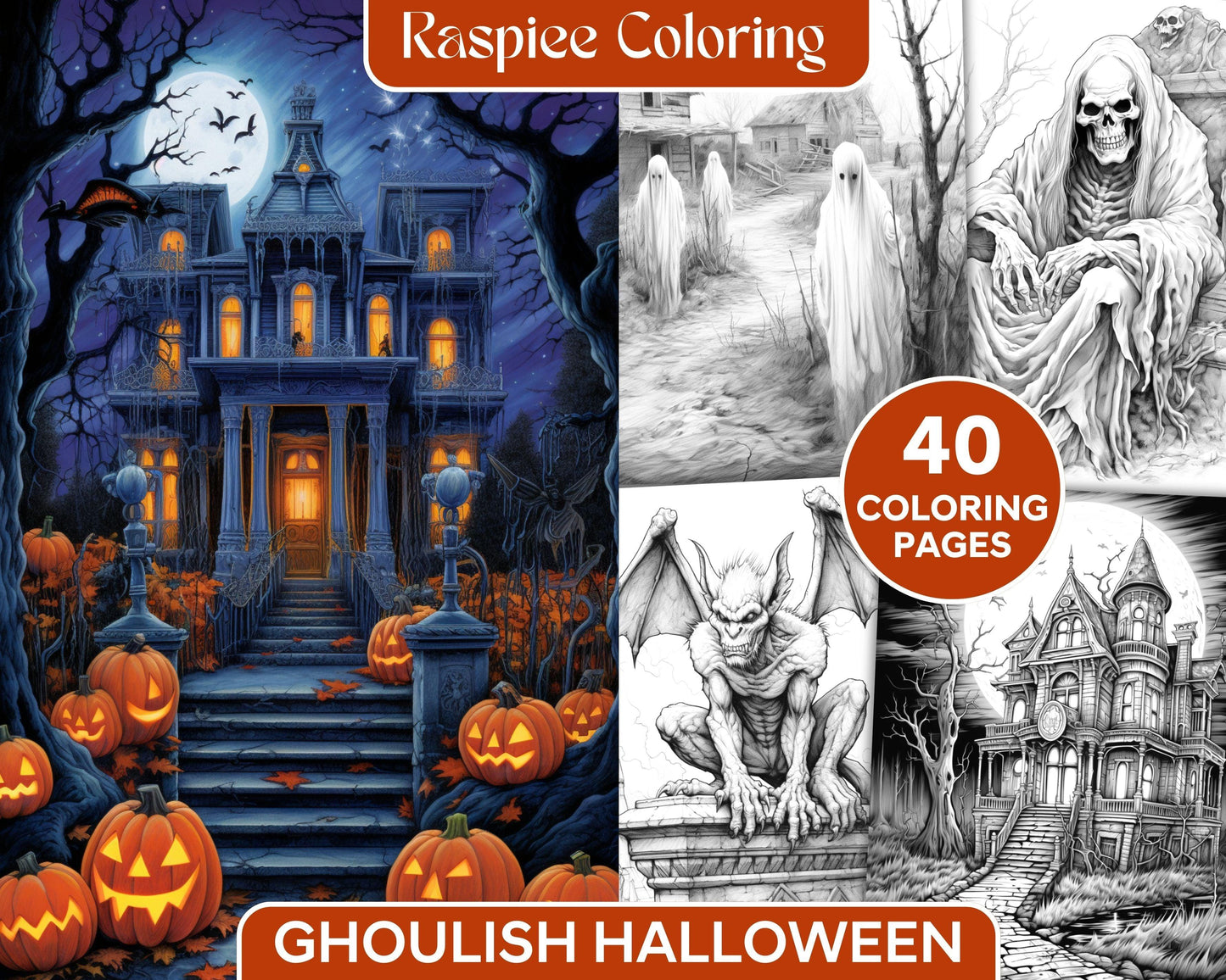 Ghoulish Halloween Grayscale Coloring Pages Printable for Adults, PDF File Instant Download