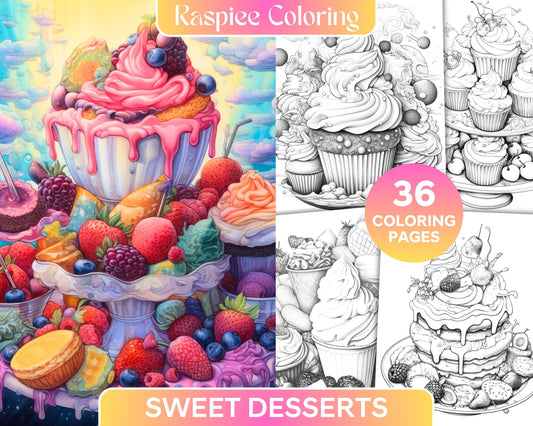 36 Sweet Desserts Coloring Pages Printable for Adults, Grayscale Coloring Page, PDF File Instant Download