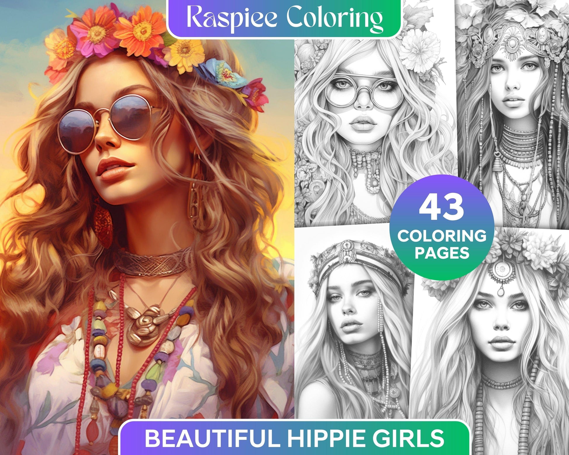 43 Beautiful Hippie Girls Grayscale Coloring Pages Printable for Adults, PDF File Instant Download