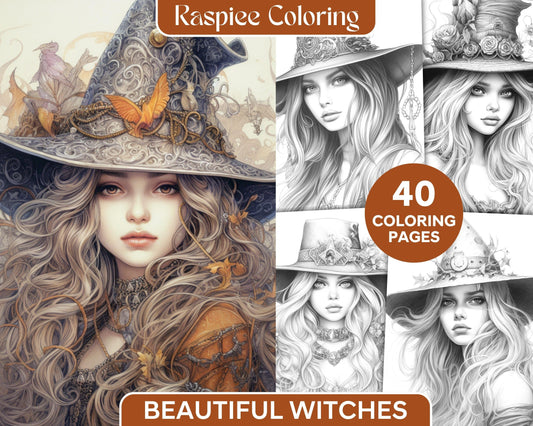 40 Beautiful Witches Grayscale Coloring Pages Printable for Adults, PDF File Instant Download