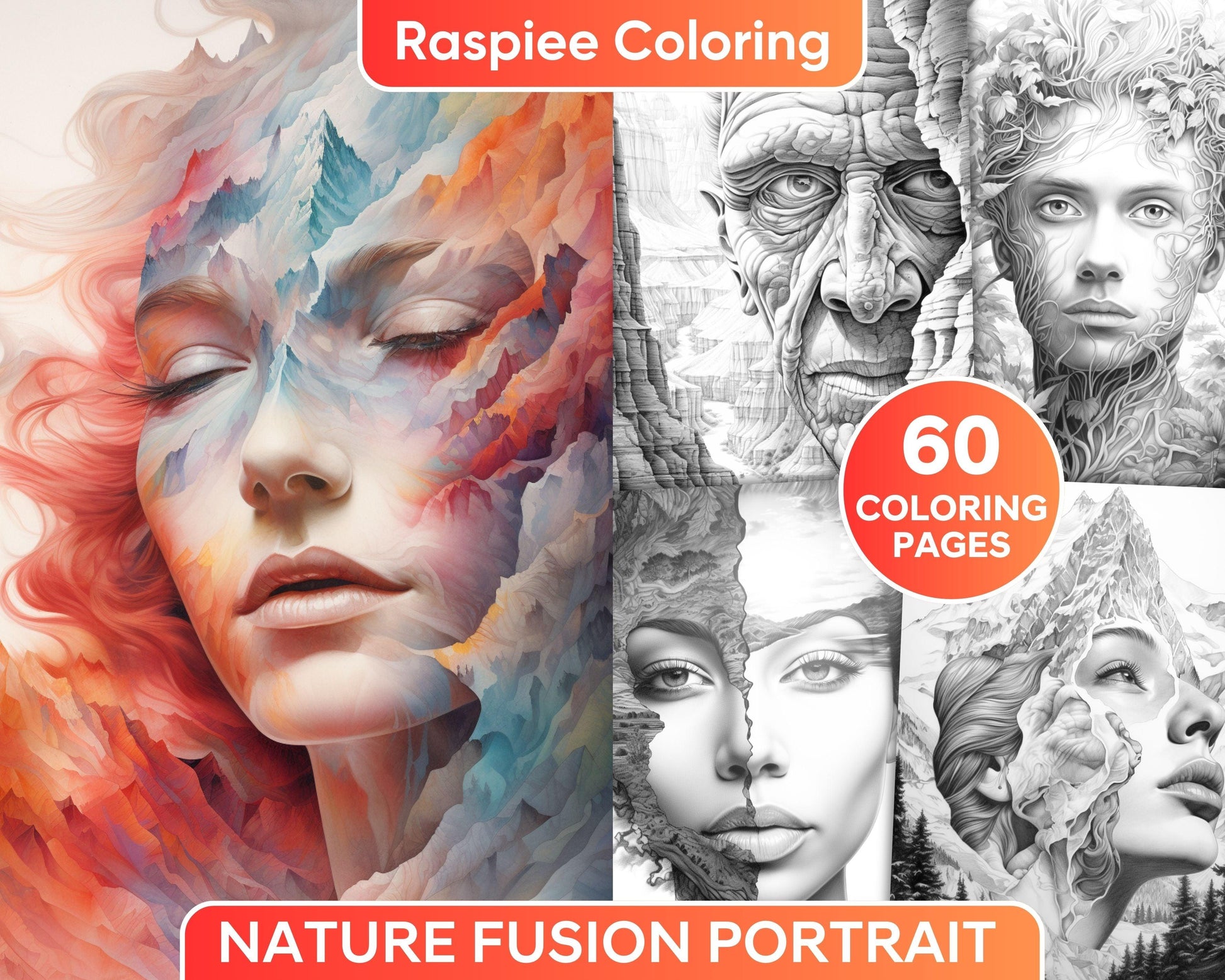 60 Nature Fusion Portrait Grayscale Adult Coloring Pages, Printable PDF Instant Download