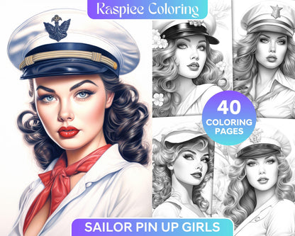 40 Sailor Pin Up Girls Grayscale Coloring Pages Printable for Adults, PDF File Instant Download