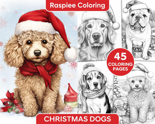 45 Christmas Dogs Grayscale Coloring Pages for Adults, Printable PDF Instant Download