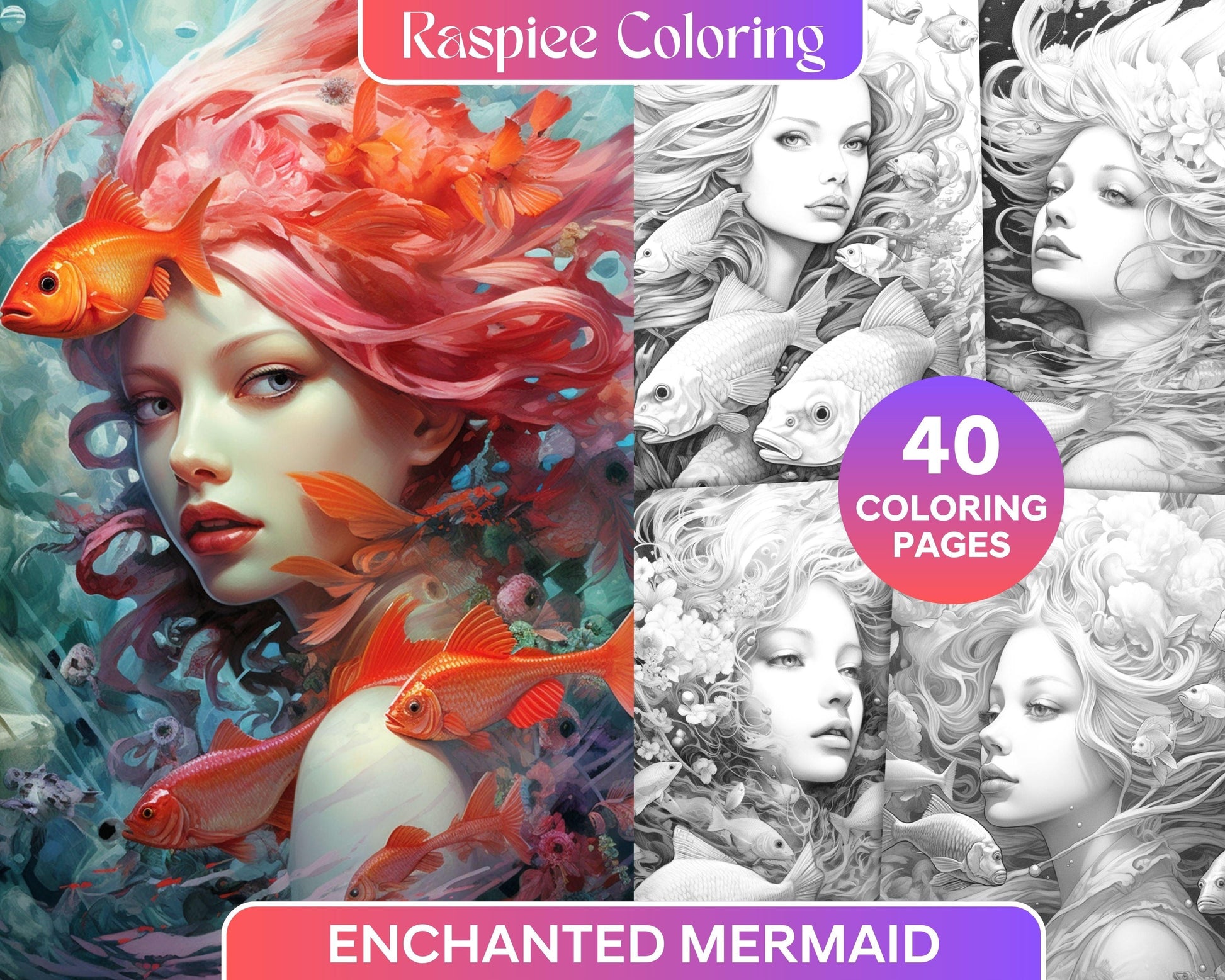 40 Enchanted Mermaid Grayscale Coloring Pages Printable for Adults, PDF File Instant Download