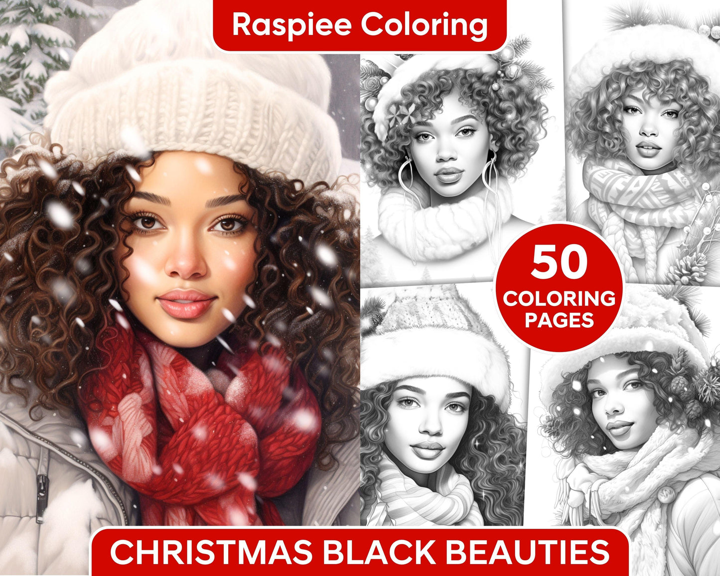 50 Christmas Black Beauties Portrait Grayscale Coloring Pages for Adults, Printable PDF Instant Download