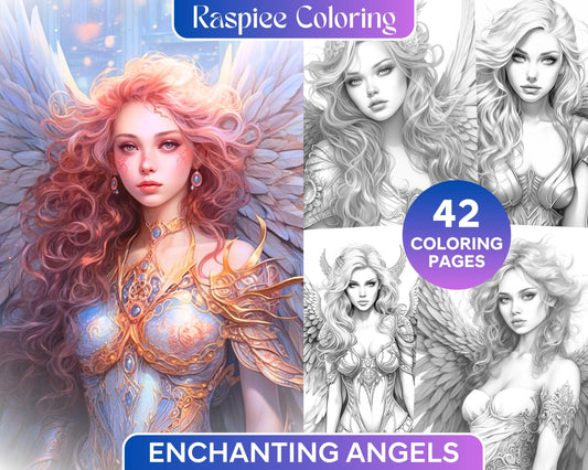 42 Enchanting Angels Grayscale Coloring Pages Printable for Adults, PDF File Instant Download