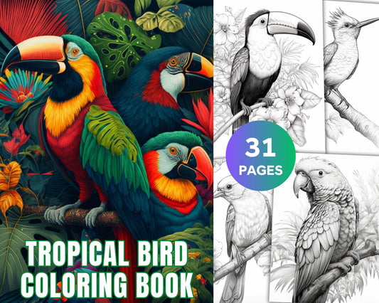 31 Tropical Birds Coloring Book for Adults, Grayscale Coloring Page, Printable PDF Instant Download