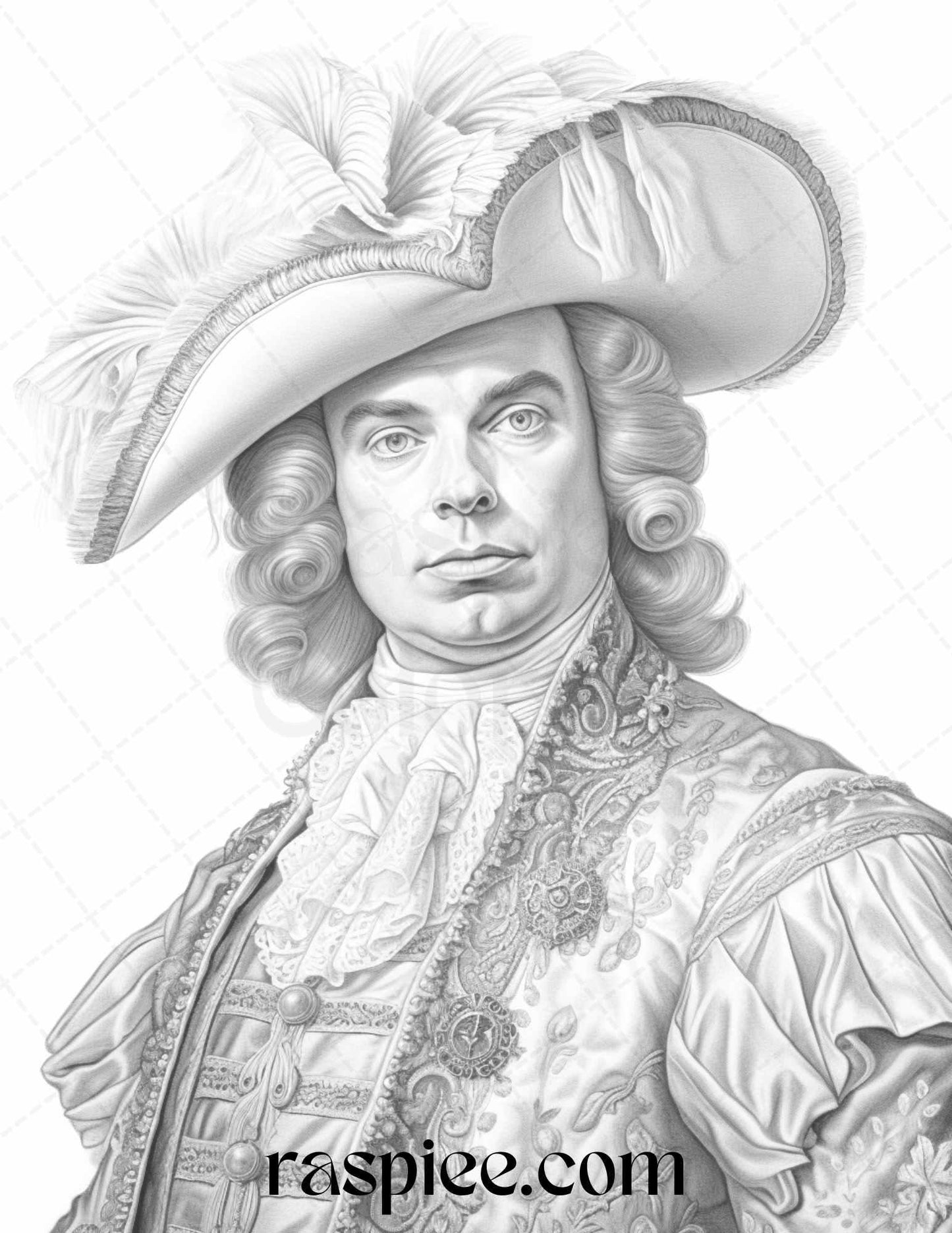 50 Baroque Man Portrait Grayscale Graysale Coloring Pages Printable for Adults, PDF File Instant Download