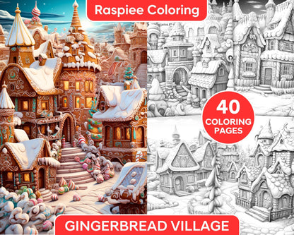 40 Gingerbread Village Grayscale Coloring Pages for Adults, Printable PDF Instant Download