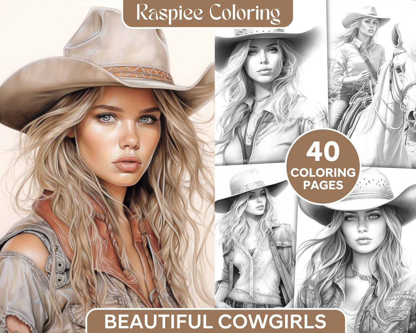 40 Beautiful Cowgirls Grayscale Coloring Pages Printable for Adults, PDF File Instant Download