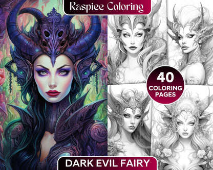 40 Dark Evil Fairy Grayscale Coloring Pages Printable for Adults, PDF File Instant Download