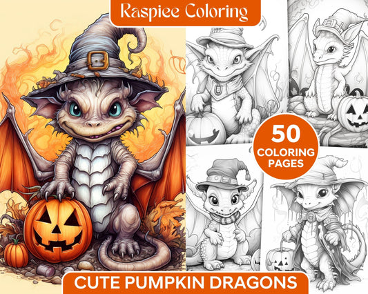 50 Cute Pumpkin Dragons Graycale Coloring Pages for Adults and Kids, Printable PDF File Instant Download