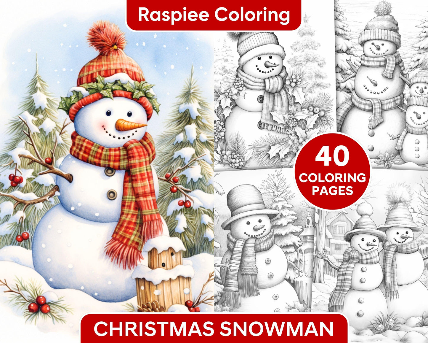 40 Chistmas Snowman Grayscale Coloring Pages for Adults, Printable PDF Instant Download