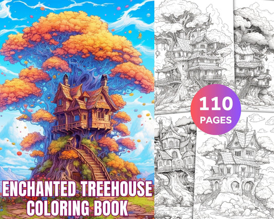 110 Enchanted Treehouse Coloring Book Printable for Adults, Grayscale Coloring Page, PDF File Instant Download