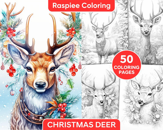 50 Christmas Deer Grayscale Coloring Pages for Adults, Printable PDF Instant Download