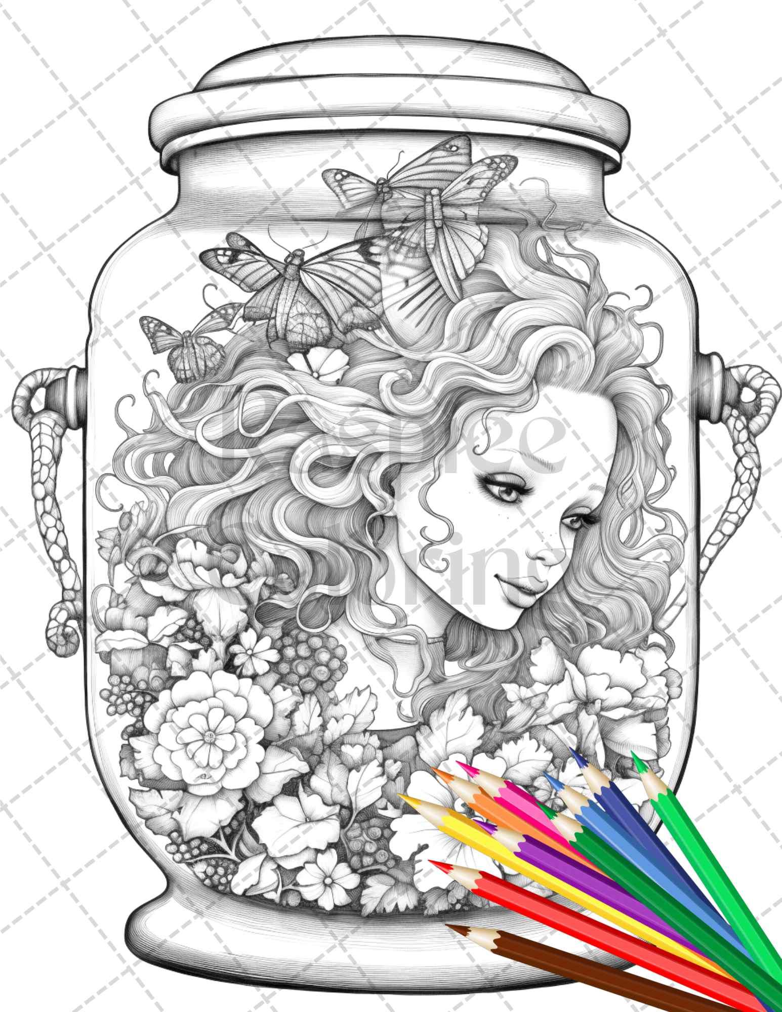 40 Beautiful Fairies in Jar Grayscale Coloring Pages Printable for Adults, PDF File Instant Download