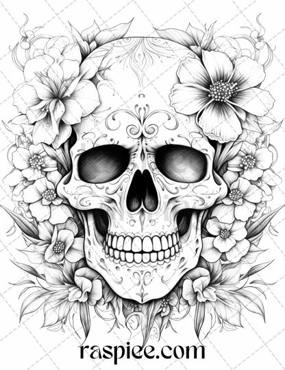 42 Floral Skull Grayscale Coloring Pages for Adults, Stress Relief Coloring Sheets, Printable PDF File Instant Download